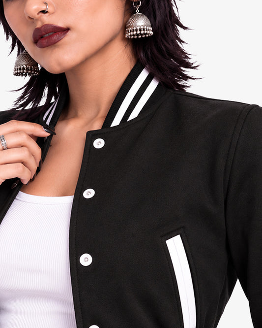 Noirette Women's Black Cropped Pullover Varsity Jacket
