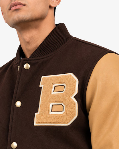 Bramber Men's Brown & Tan B-Patch Pullover Varsity Jacket