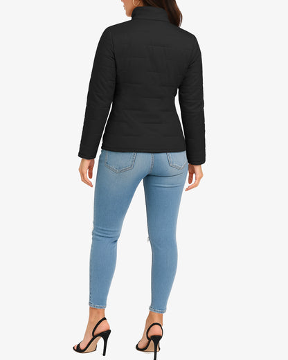 Person wearing a black jacket and light blue jeans on a white background
