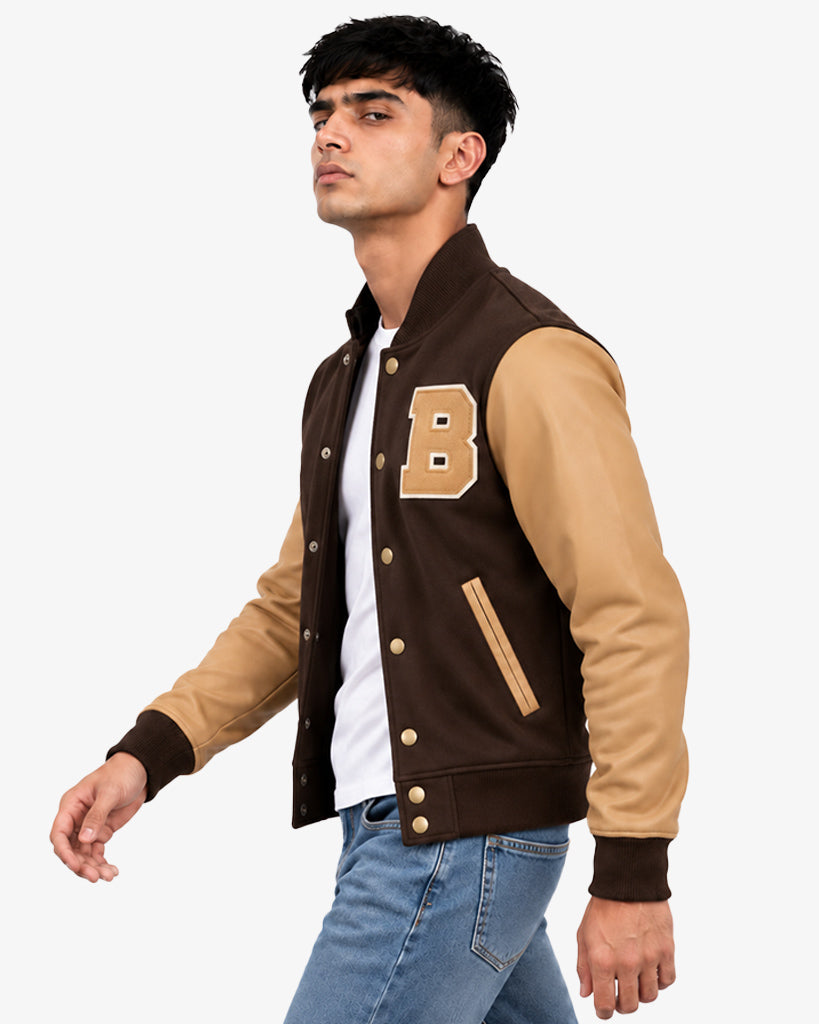 Bramber Men's Brown & Tan B-Patch Pullover Varsity Jacket