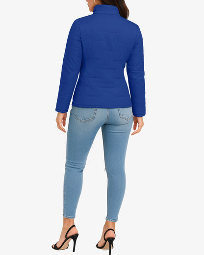Person wearing a blue jacket and light blue jeans on a white background
