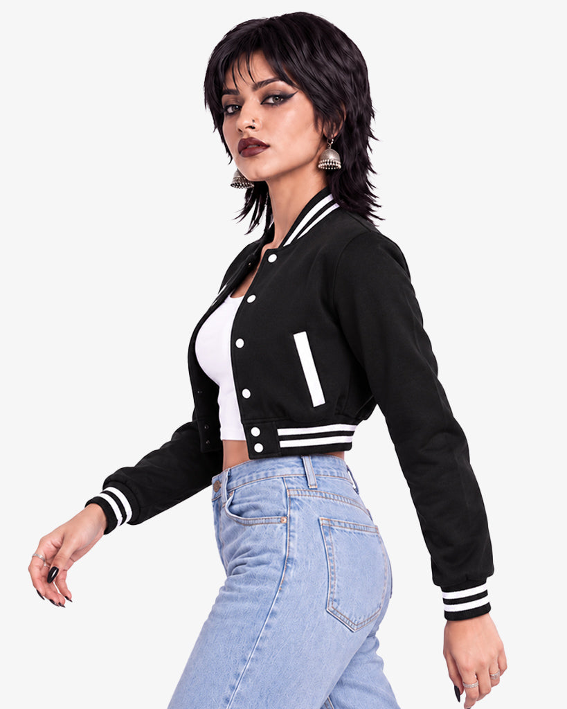 Noirette Women's Black Cropped Pullover Varsity Jacket
