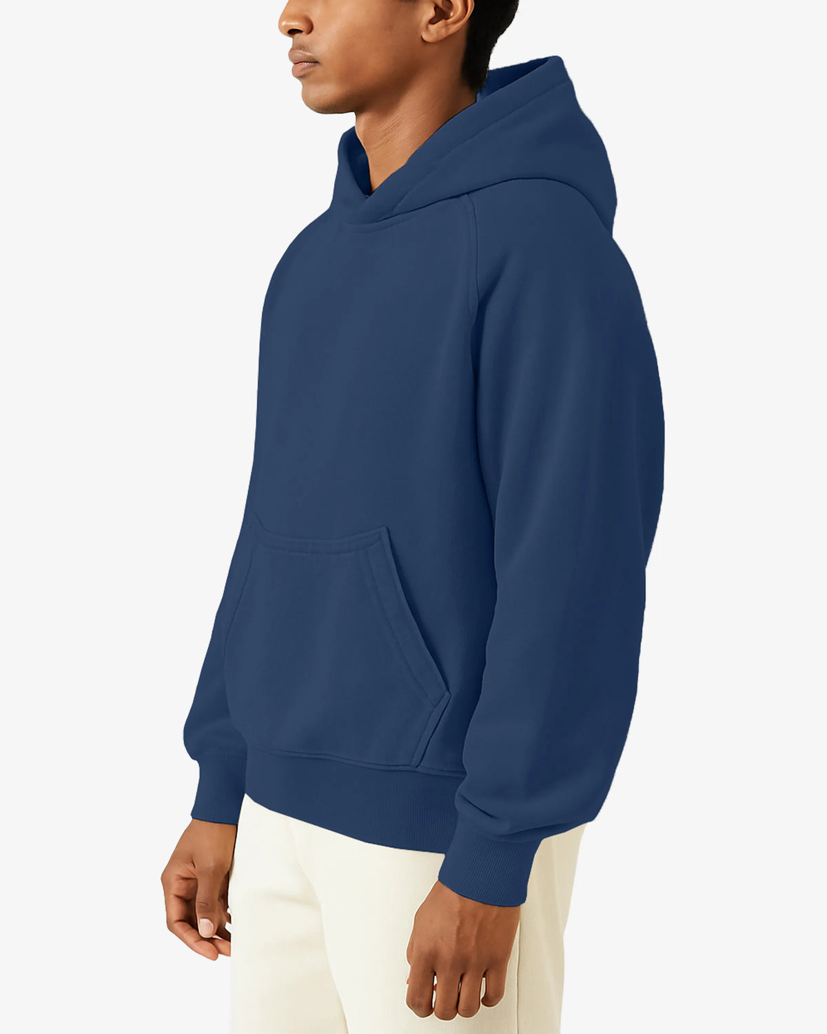 Person wearing a blue hoodie on a white background