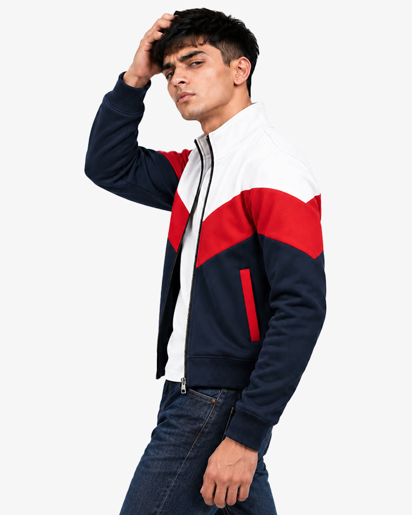 Rallyarc Men's Navy Color Block Zip-Up Pullover Varsity Jacket