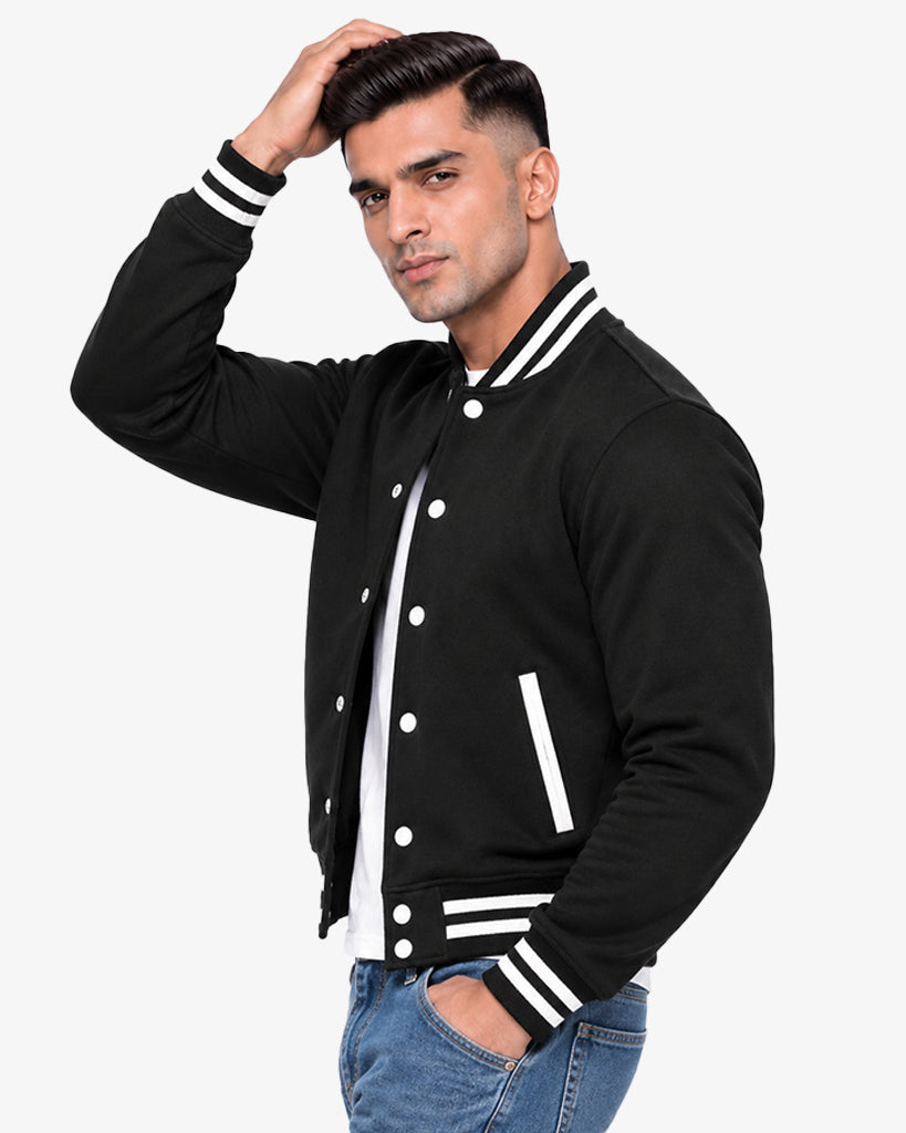 Monocrest Men's Black Pullover Varsity Jacket with White Trim