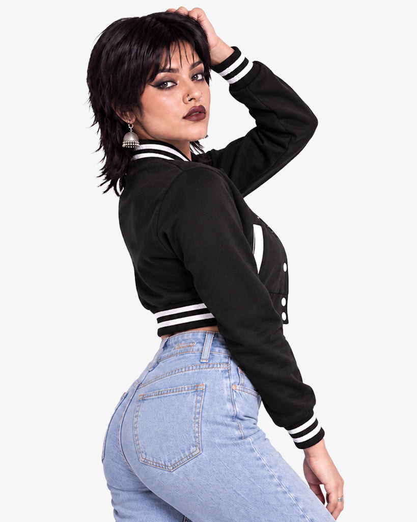 Noirette Women's Black Cropped Pullover Varsity Jacket