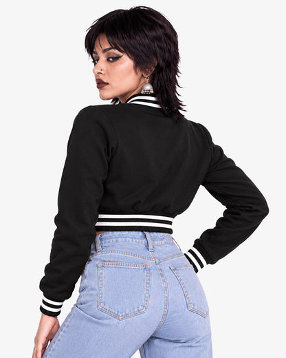 Noirette Women's Black Cropped Pullover Varsity Jacket