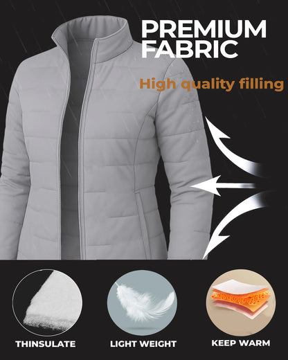Gray puffer jacket with text highlighting premium fabric and high-quality filling on a black background.