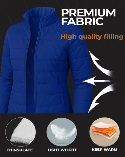 Blue puffer jacket with text highlighting premium fabric and high-quality filling on a black background.
