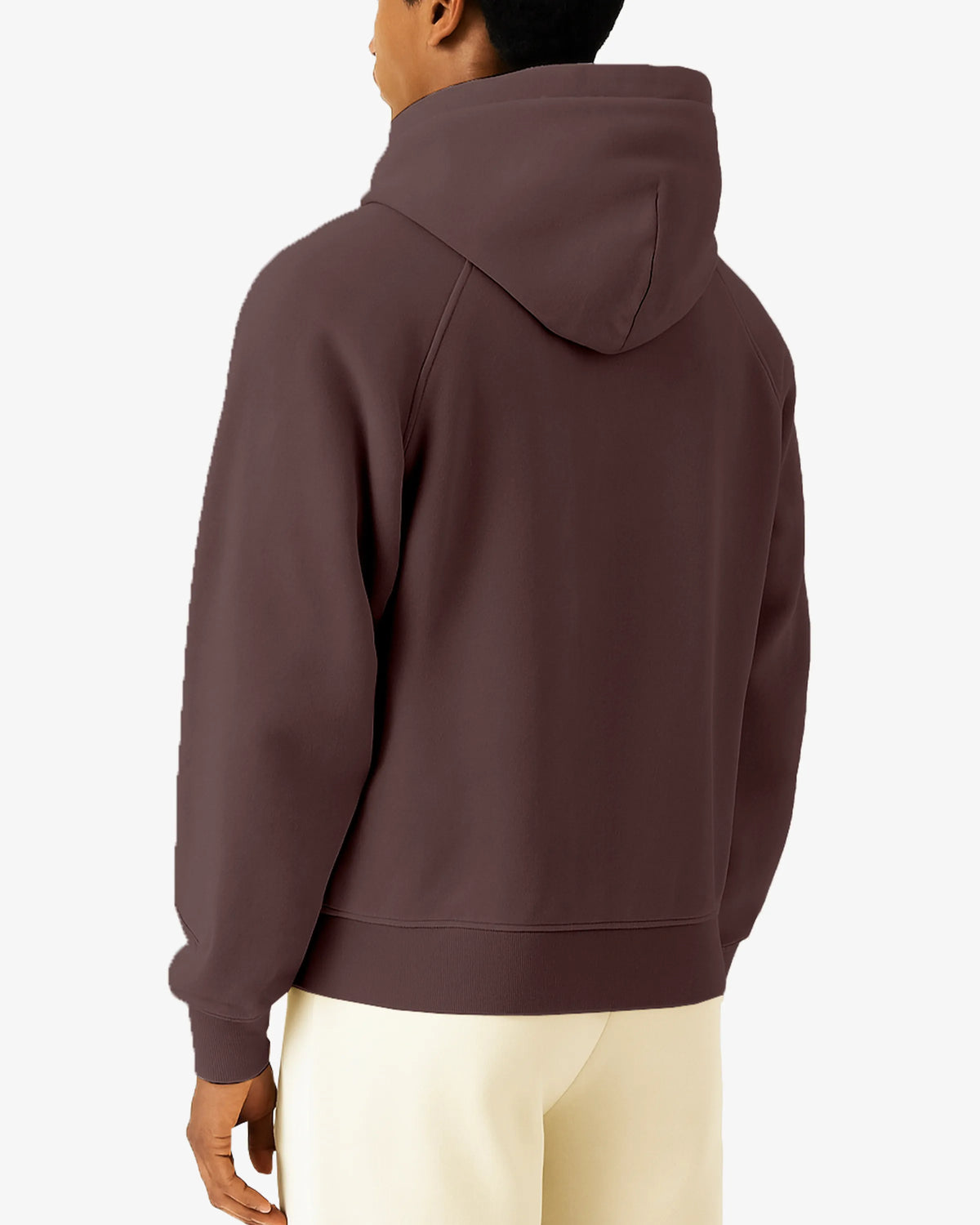 Person wearing a brown hoodie from behind on a white background