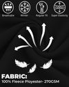 Black fabric with white text and icons indicating fabric properties and specifications.