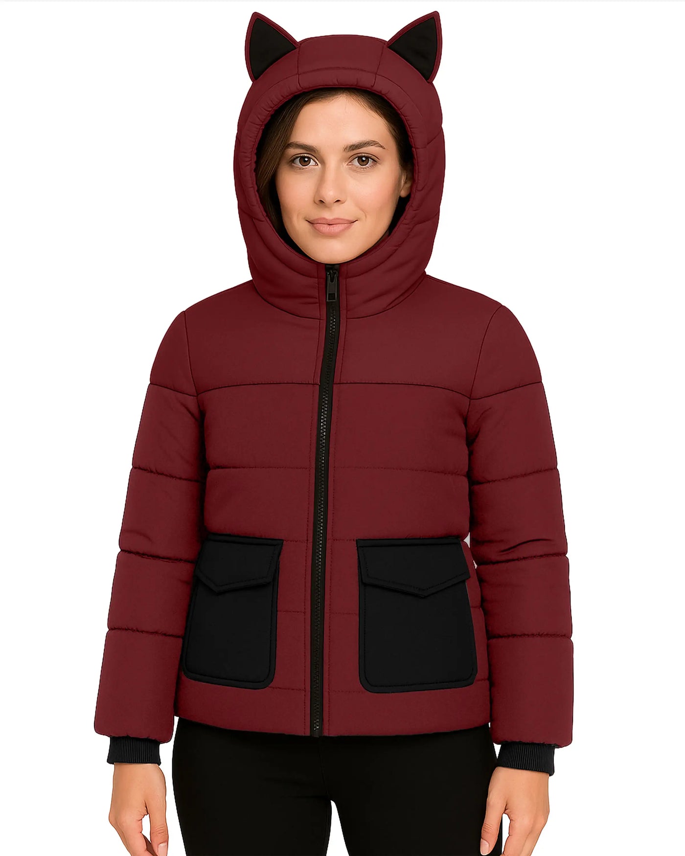 Berry Black Stylish Puffer Jacket For Women