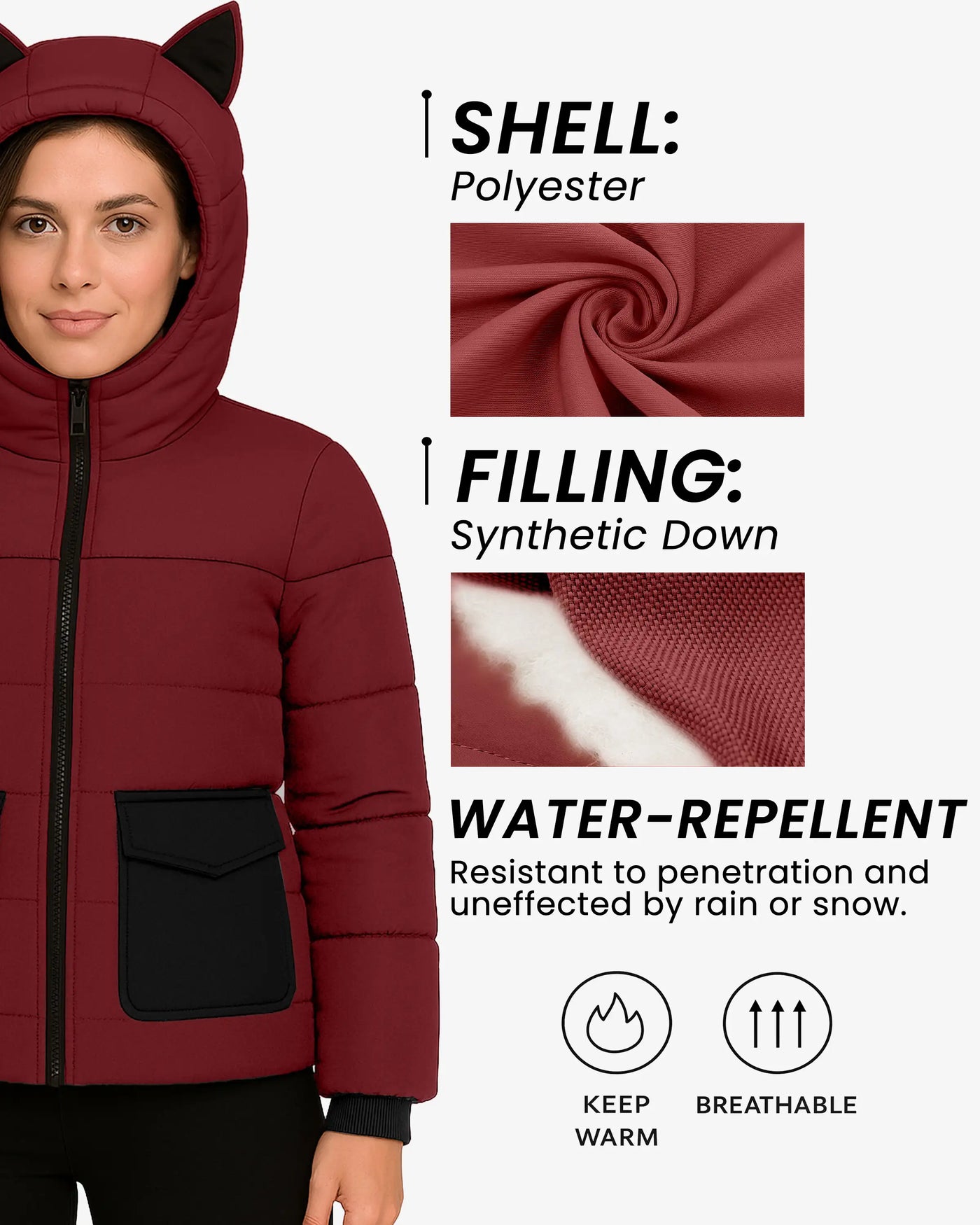Berry Black Stylish Puffer Jacket For Women