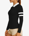 Black long-sleeve polo shirt with white collar and stripes on sleeves, worn by a person.