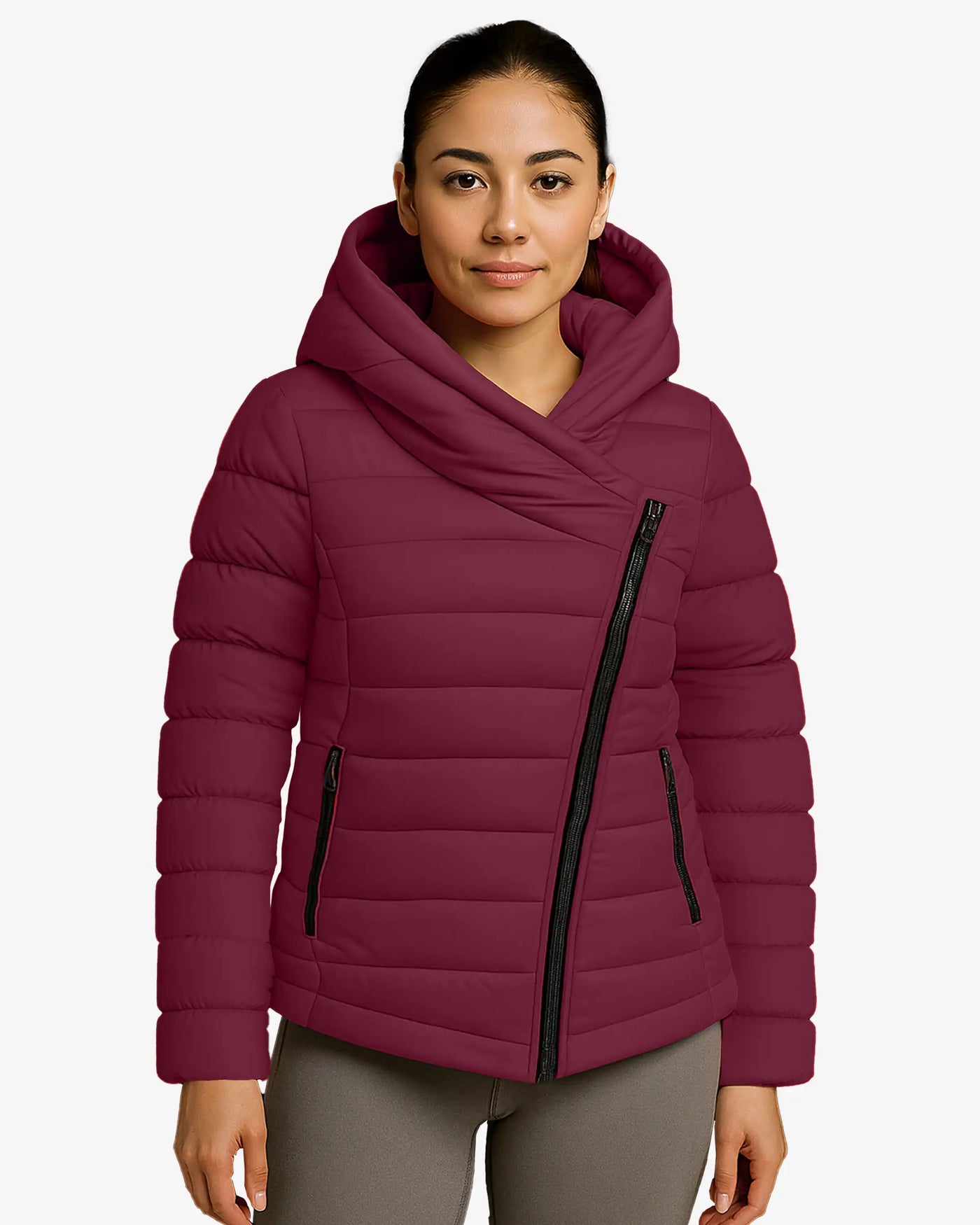 Crimson Zip Up Hooded Puffer Coat