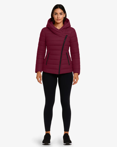 Crimson Zip Up Hooded Puffer Coat
