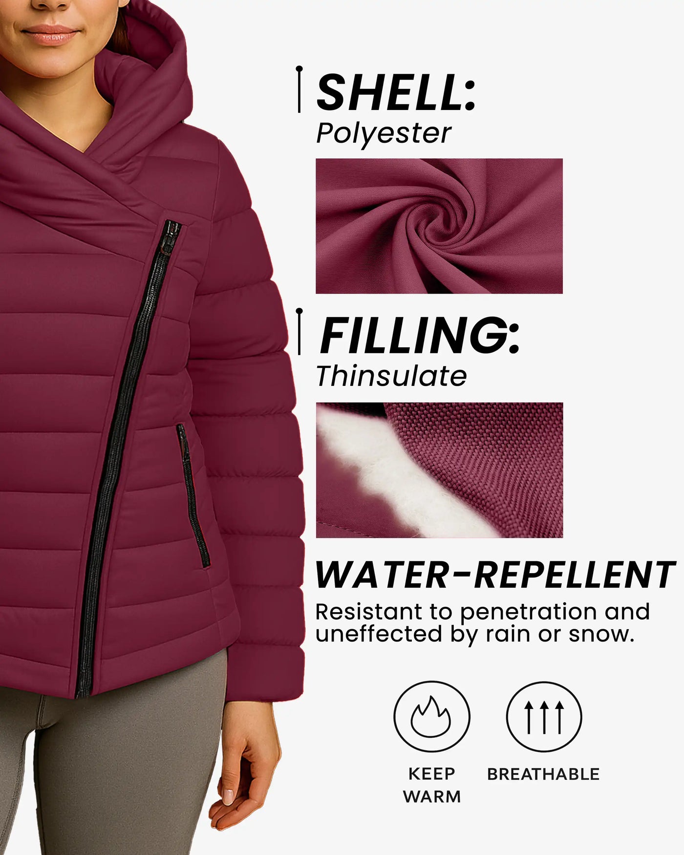 Crimson Zip Up Hooded Puffer Coat
