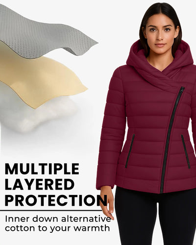 Crimson Zip Up Hooded Puffer Coat