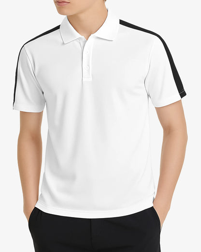 White polo shirt with black accents worn by a person on a white background