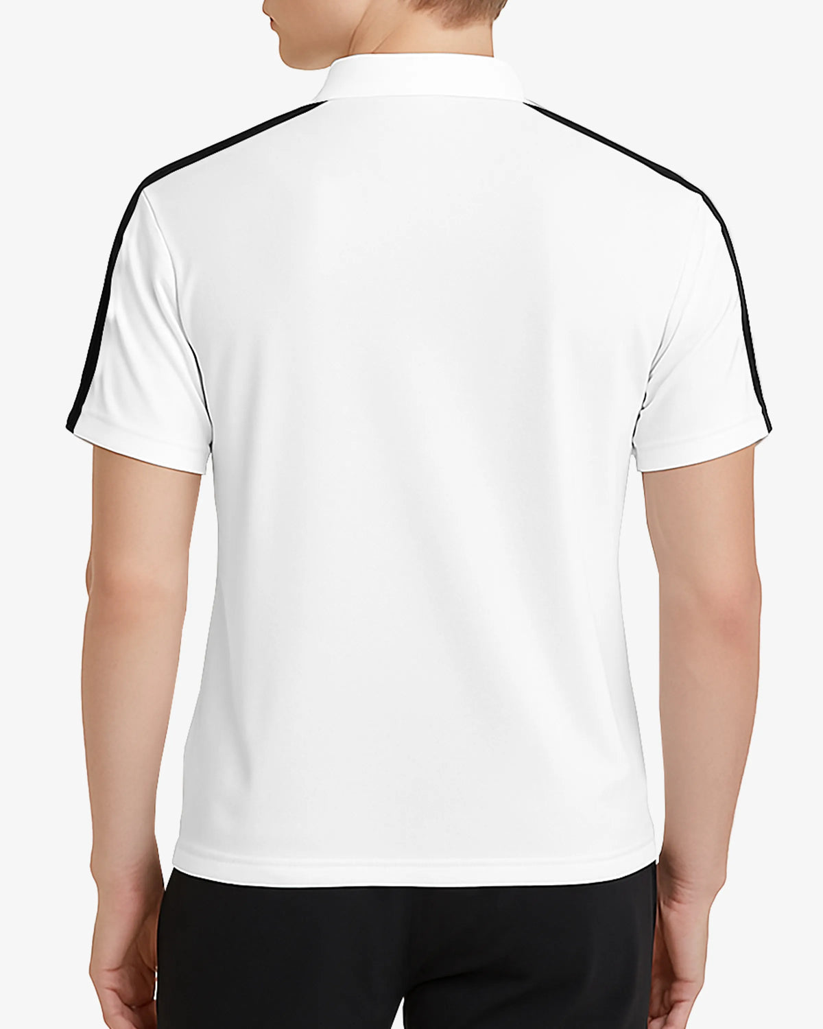 White polo shirt with black stripes on the shoulders worn by a person