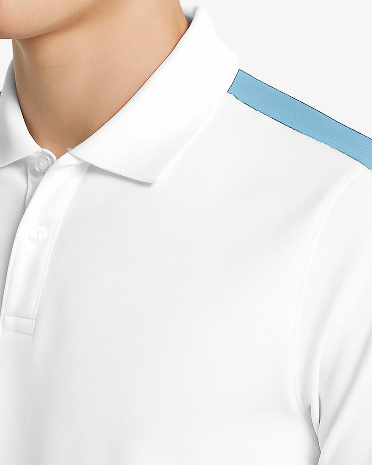 Close-up of a white shirt with a blue detail on a light gray background
