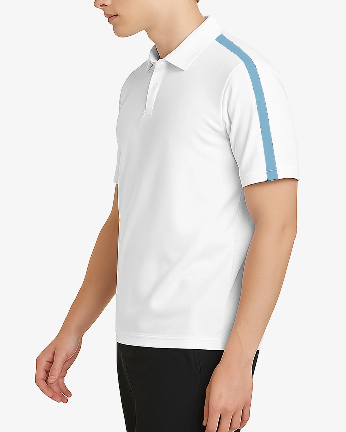 White polo shirt with blue accents worn by a person on a white background