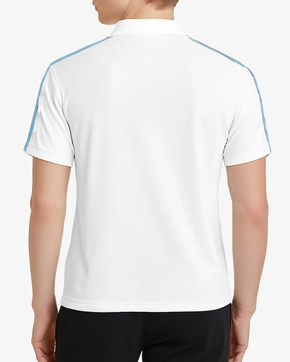 White polo shirt with blue accents on a white background