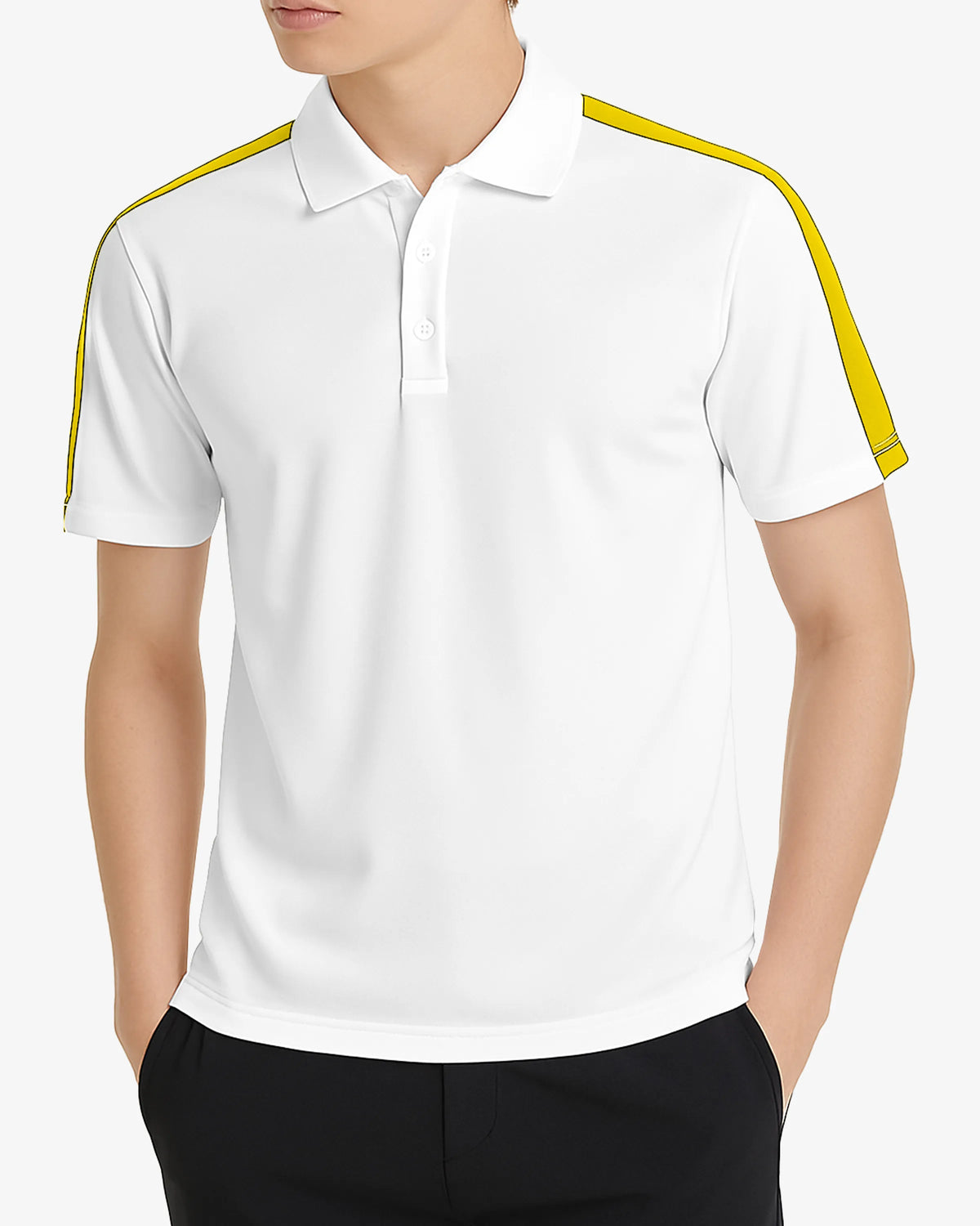 White polo shirt with yellow accents worn by a person on a white background