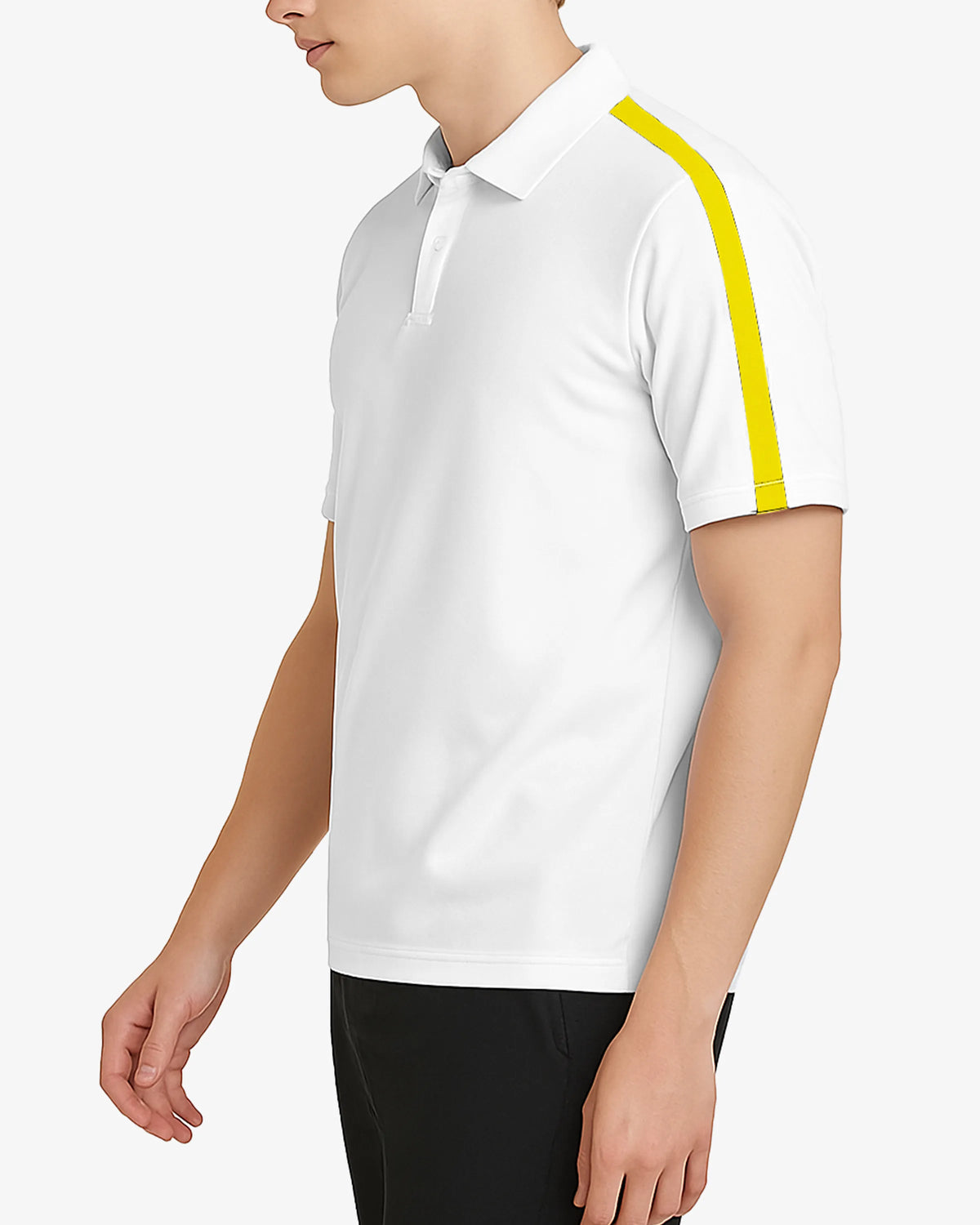 White polo shirt with yellow accents worn by a person on a white background