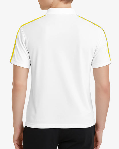 White polo shirt with yellow accents on a white background