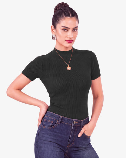 Janine Mock Neck Short Sleeve Ribbed Top for Women