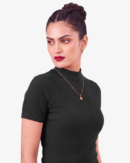 Janine Mock Neck Short Sleeve Ribbed Top for Women