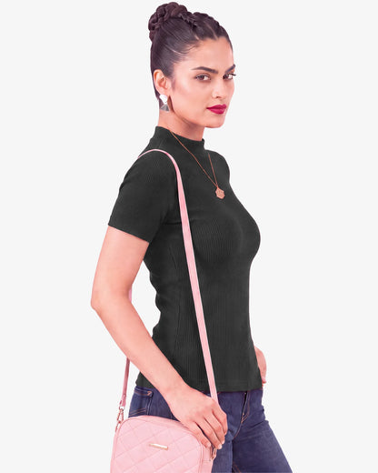 Janine Mock Neck Short Sleeve Ribbed Top for Women