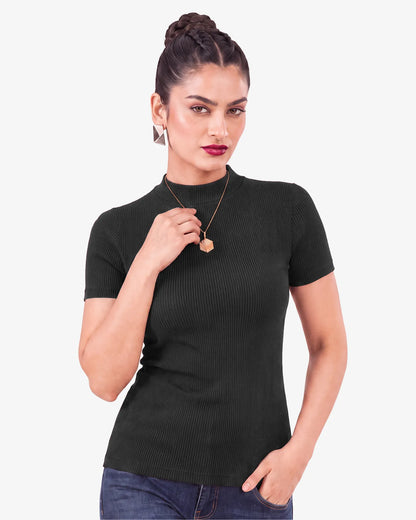Janine Mock Neck Short Sleeve Ribbed Top for Women