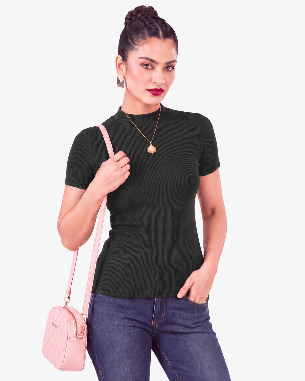 Janine Mock Neck Short Sleeve Ribbed Top for Women