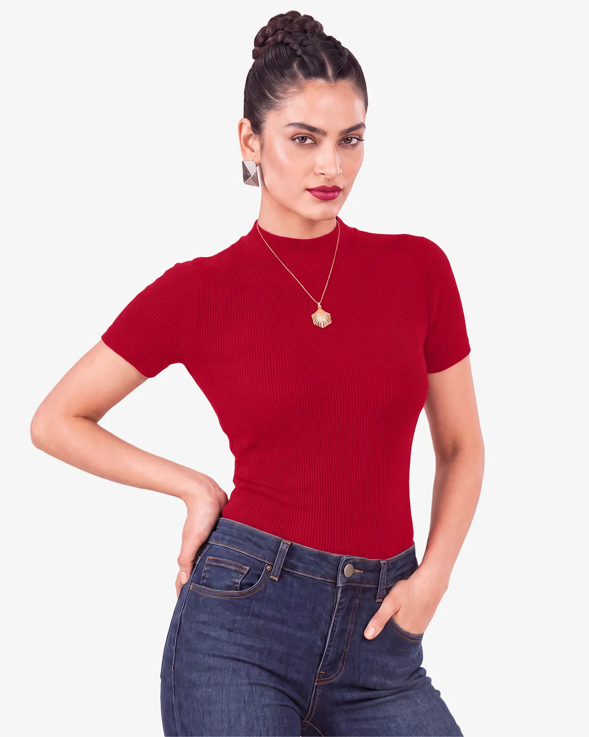 Janine Mock Neck Short Sleeve Ribbed Top for Women