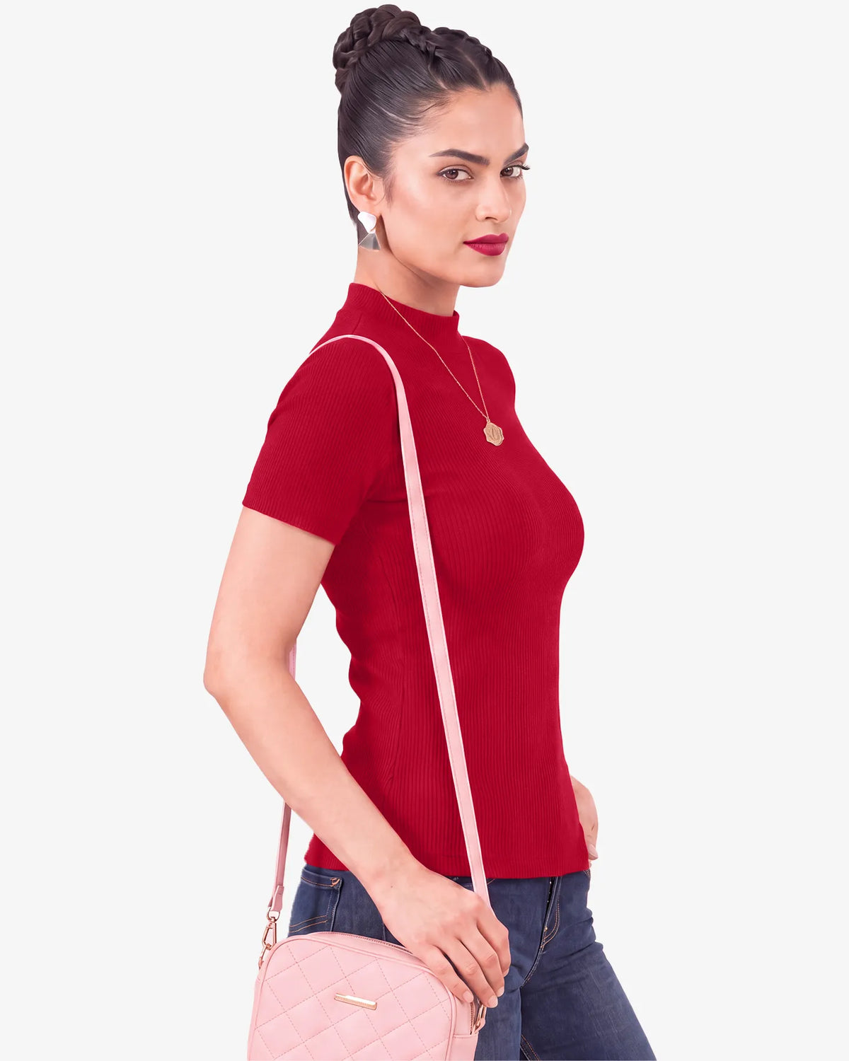 Janine Mock Neck Short Sleeve Ribbed Top for Women