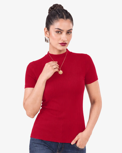 Janine Mock Neck Short Sleeve Ribbed Top for Women