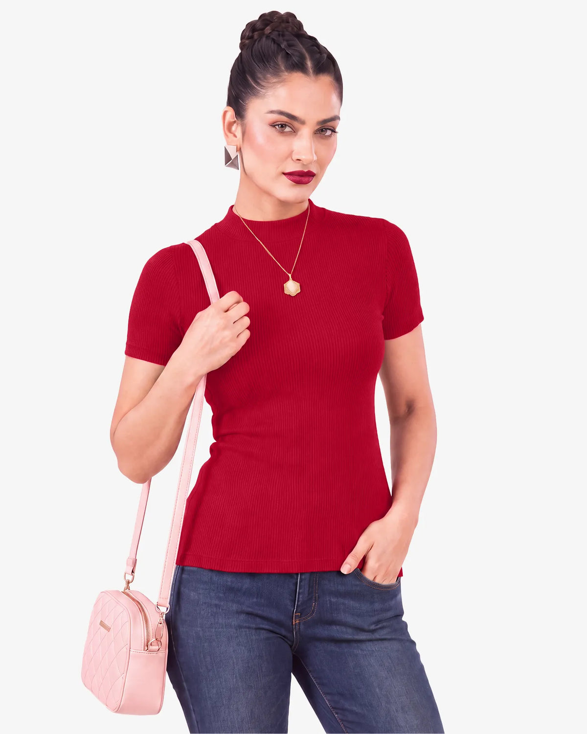 Janine Mock Neck Short Sleeve Ribbed Top for Women