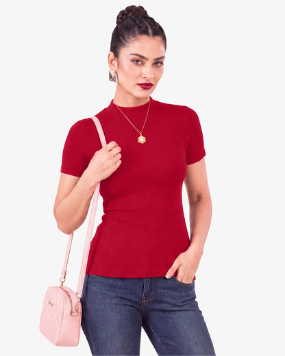Janine Mock Neck Short Sleeve Ribbed Top for Women