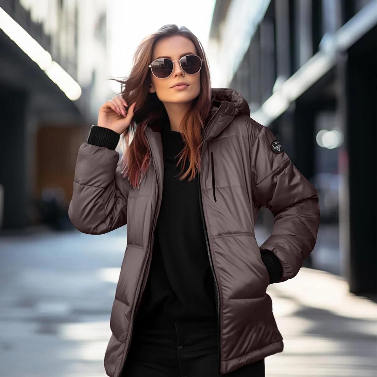 Woman wearing a brown puffer jacket and sunglasses on a city street.