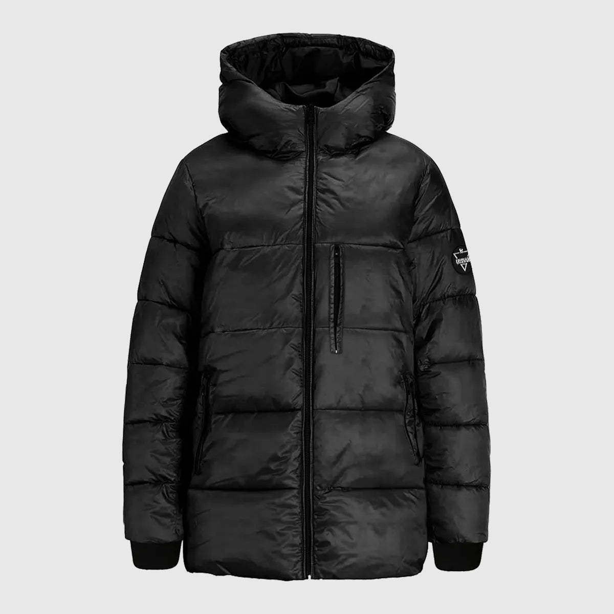Black puffer jacket on a light gray background