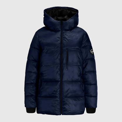 Navy blue puffer jacket with a brand logo on a light gray background