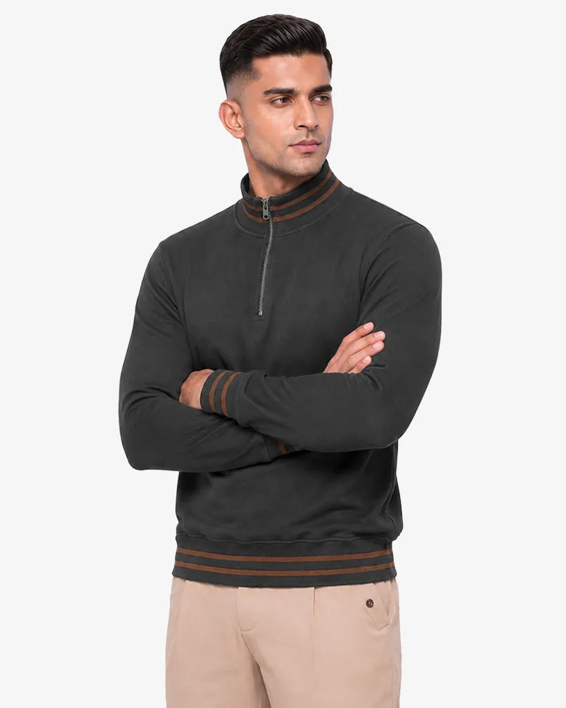 Maxwell 2.0 Brown Collar Lines  Zip Pullover Sweatshirt Regular Fit