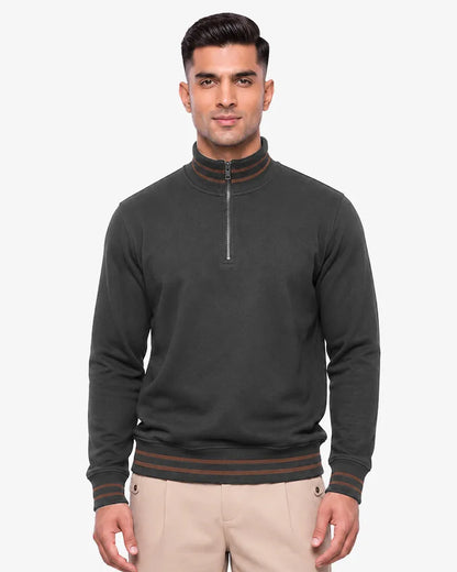Maxwell 2.0 Brown Collar Lines  Zip Pullover Sweatshirt Regular Fit