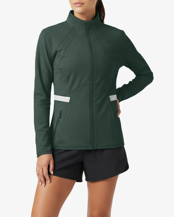 Green athletic jacket with white accents worn by a person on a white background
