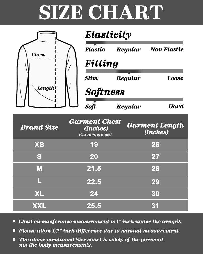 Size Chart for James Mens Turtleneck Sweater High Neck